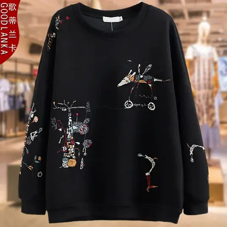 中老年女士绣花上衣加肥加大码女装宽松显瘦春秋款妈妈卫衣200斤商品大图