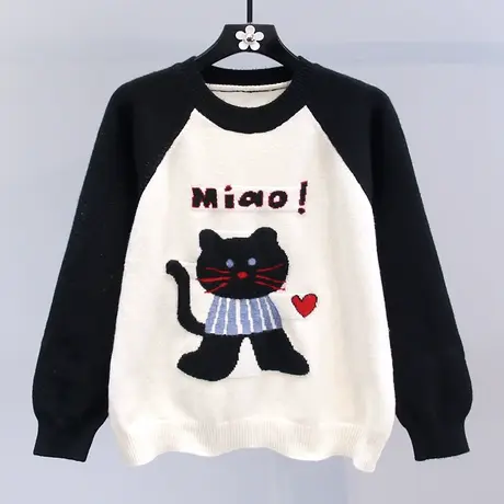 撞色卡通猫咪提花套头毛衣女秋冬2023新款韩版宽松减龄针织衫上衣图片
