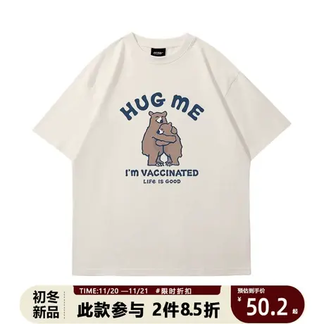 卡通短袖T恤男款夏季抱抱熊熊潮牌宽松大码纯棉半袖美式重磅体恤商品大图