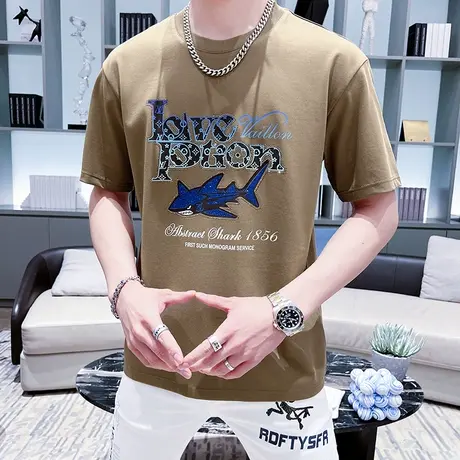 圆领宽松短袖t恤男士潮流纯棉白色烫钻夏季男装百搭半袖打底衫ins商品大图