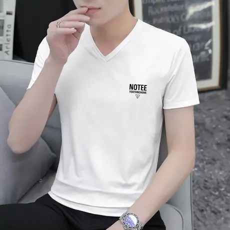 莫代尔短袖t恤男装V领上衣服潮流夏季冰丝凉感速干半袖白色打底衫商品大图