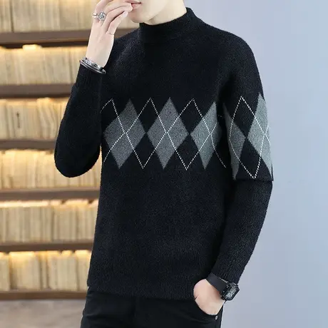 秋冬季水貂绒毛衣男士半高领针织衫宽松帅气上衣加绒加厚线衣潮流商品大图