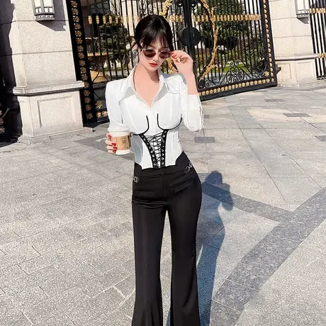 VJE春季女士设计感小众白衬衫新款时尚气质别致收腰翻领上衣图片