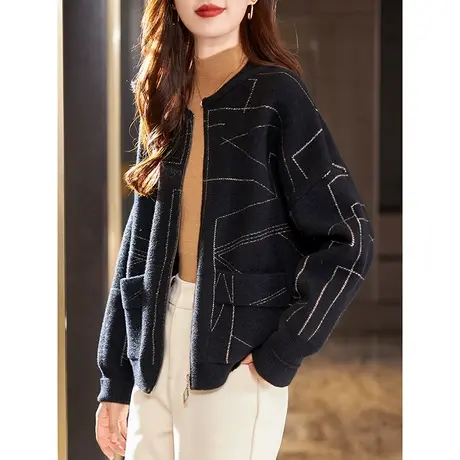 宝诗黎圆领黑色拉链开衫2024春季新款长袖宽松上衣女装时尚短外套商品大图