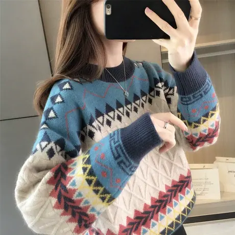 毛衣女宽松慵懒风复古港风针织套头森系秋冬2024新款百搭上衣外搭商品大图