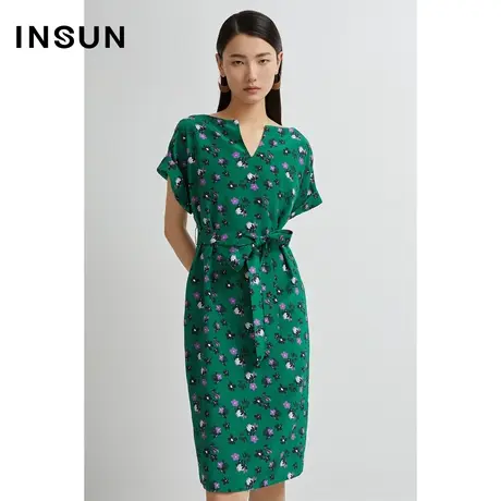 INSUN恩裳线上专选夏季100%真丝腰带碎花连衣裙图片