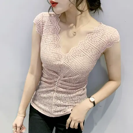 性感镂空V领蕾丝衫女修身洋气上衣内搭外穿吊带背心无袖T恤女夏装商品大图