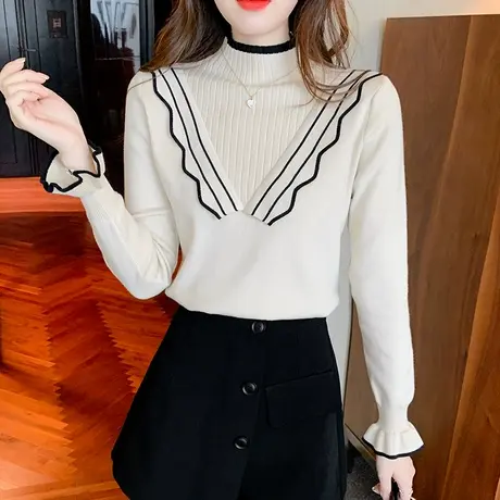 半高领女士毛衣女秋冬季设计感小众2023年新款加绒加厚针织打底衫图片