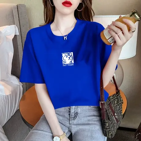 克莱因蓝短袖t恤女2024年夏季新款设计感小众老虎头宽松纯棉上衣商品大图