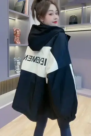 欧洲站宽松连帽冲锋衣女春秋新款时尚外套休闲夹棉运动棒球服上衣商品大图