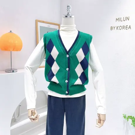 韩国东大门复古菱格毛衣2022秋冬款无袖针织衫温柔马甲叠穿马夹女商品大图