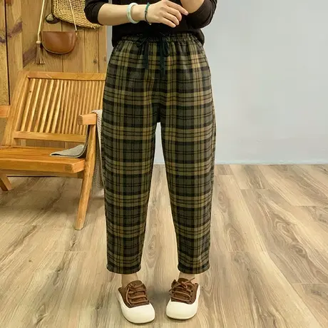 dza 高腰宽松阔腿加绒裤子女2023冬新款直筒格子裤休闲加厚哈伦裤图片