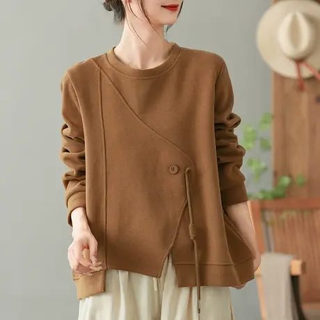 dza 复古设计感不规则开叉上衣女士纯棉卫衣春秋新款宽松套头长袖图片