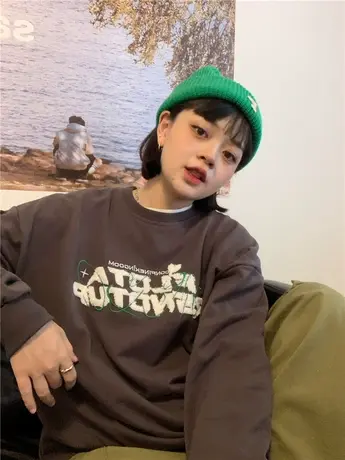 2023年秋装新款韩版慵懒风原创设计盐系刺绣宽松长袖圆领卫衣女薄图片