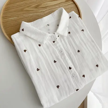 夏季日系文艺小清新减龄双层纱纯棉宽松七分袖衬衫女学生白色上衣商品大图