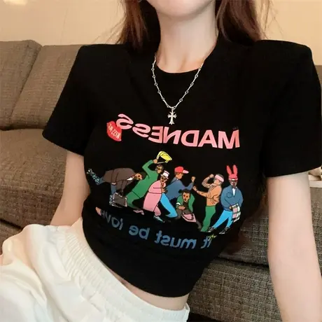 美式正肩短袖t恤女夏季2024新款设计感小众短款chic港味辣妹上衣图片