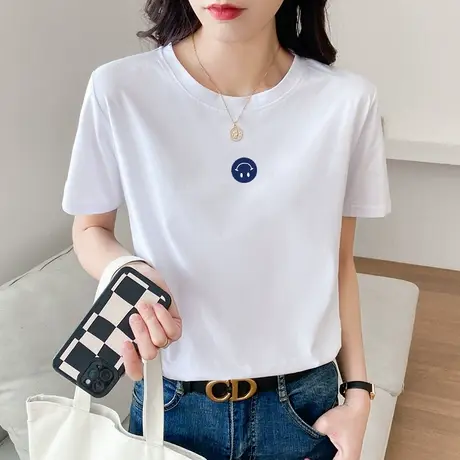 白色短袖纯棉t恤女薄款2022夏新款宽松设计感打底衫笑脸印花上衣图片