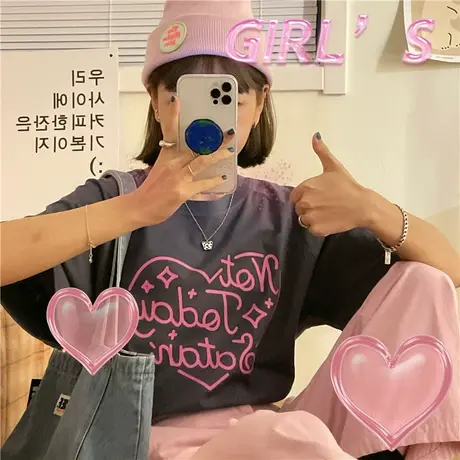原创爱心2023新款韩版夏装字母慵懒风宽松ulzzang纯棉短袖T恤女商品大图