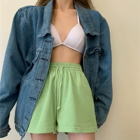 休闲短裤女宽松夏季居家睡裤显瘦高腰阔腿运动裤外穿绿色五分裤子商品大图