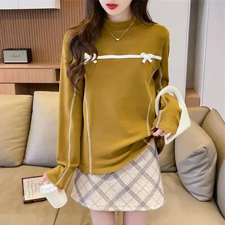 半高领德绒长袖t恤女秋冬加绒加厚内搭设计感女士洋气小衫打底衫商品大图