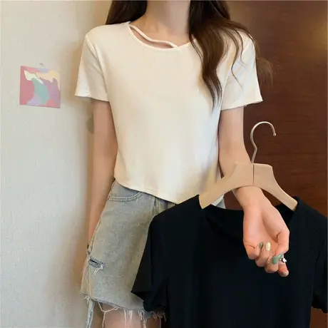 短袖正肩t恤女夏法式锁骨设计感小众独特显瘦不规则别致短款上衣商品大图