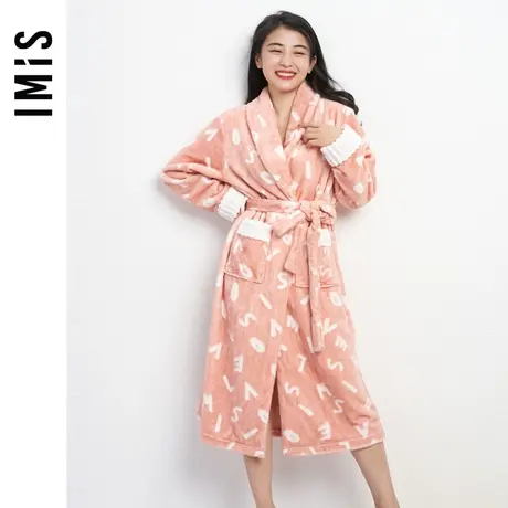 爱美丽IMIS睡衣女秋冬厚款法兰绒印花长袖系带睡袍家居服IM48BAJ1图片