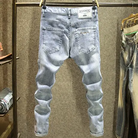 夏季浅蓝色牛仔裤男款时尚青年休闲长裤潮牌斜口袋修身弹力小脚裤商品大图