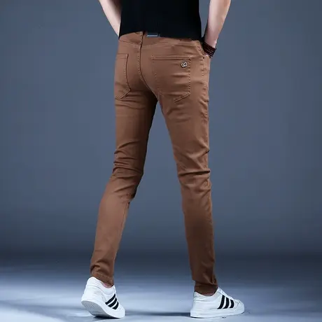 男士棕色加绒休闲牛仔裤男款修身小脚弹力高档潮牌2023秋冬季裤子商品大图