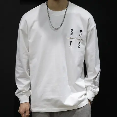 春季圆领白色长袖t恤男潮牌纯棉宽松大码2024新款男士打底衫春秋图片