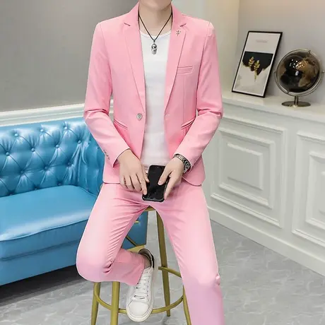 夏季中袖西装男韩版修身纯色小西服一套发型师七分袖礼服三件套潮图片