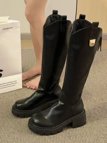 小个子不过膝长靴女2023冬季新款厚底侧拉链高筒靴女长筒骑士靴女图片