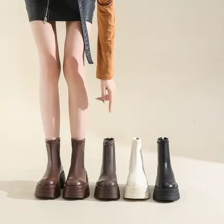 厚底增高弹力靴女2024秋季新款瘦瘦靴拉链百搭松糕圆头显瘦短靴女图片