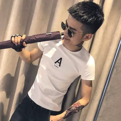 2023快手时尚小伙修身潮男社会短袖T恤社会tee潮牌网红同款半截袖商品大图