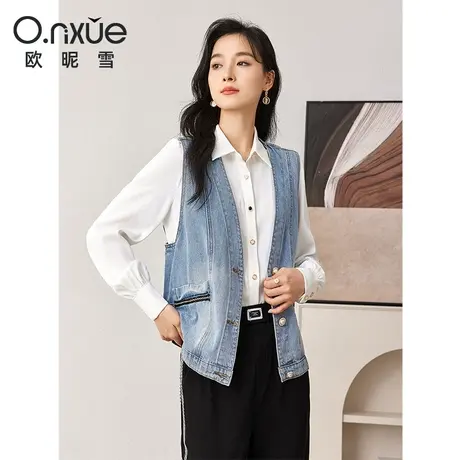 欧昵雪2024春季新款潮流V领水洗牛仔马甲外套女直筒无袖个性马夹商品大图