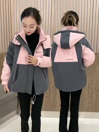 2023冬装新款韩版宽松显瘦拼色棉衣外套女百搭连帽加厚冲锋衣棉袄商品大图