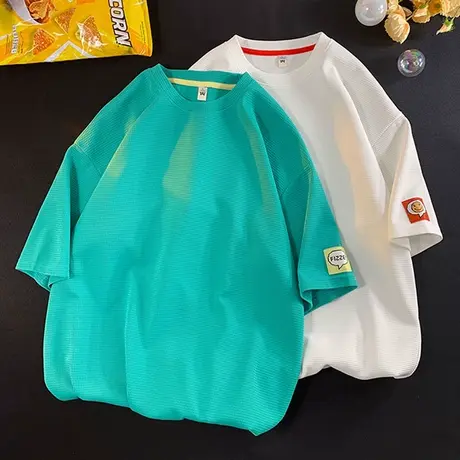 短袖t恤男夏季2023新款港风ins潮牌男装打底衫宽松半袖华夫格体恤商品大图