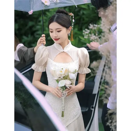 白色旗袍敬酒服新娘订婚礼服连衣裙中式蕾丝登记领证小白裙设计感商品大图