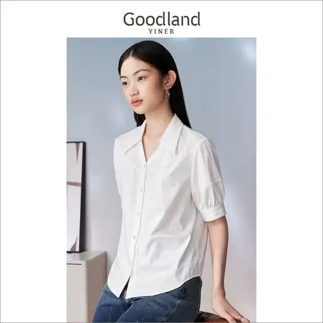 Goodland美地女装2023夏季海鸥领白色短袖钻扣衬衫优雅上衣商品大图