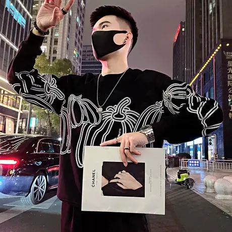 卫衣男春季新款ins个性南瓜印花高级感圆领外套上衣潮牌长袖T恤衫商品大图