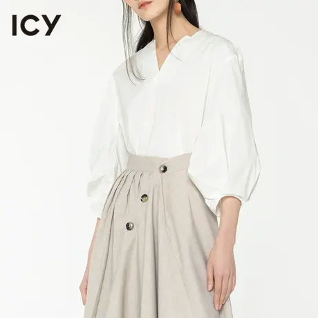 icy通勤风V领套头灯笼袖衬衫女五分袖直筒上衣图片