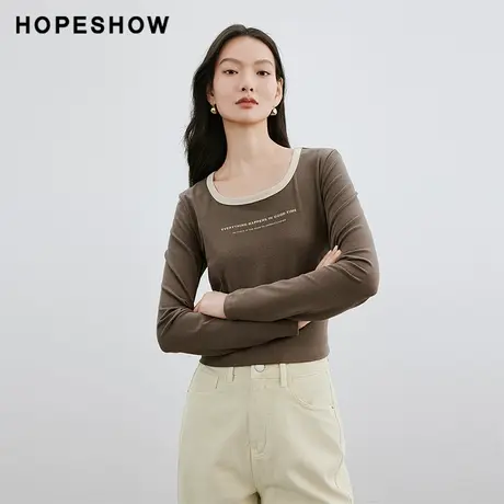红袖撞色边大圆领套头长袖hopeshow2024春季新款通勤基础打底衫商品大图