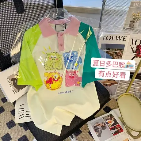 纯棉polo衫重工烫钻短袖t恤女夏季设计感宽松夏日多巴胺穿搭上衣图片