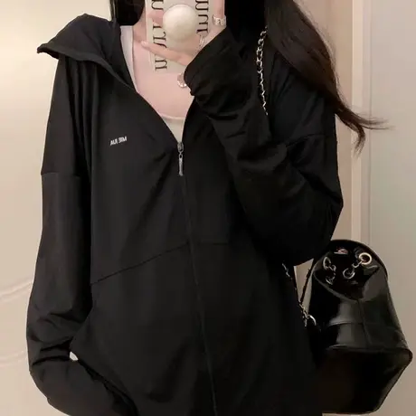 夏季薄款防晒衣女连帽外套户外防紫外线宽松拉链开衫防晒服上衣潮图片