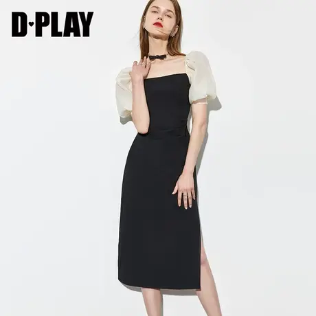 DPLAY德帕拉夏季新款黑色赫本风法式泡泡袖方领开叉连衣裙商品大图