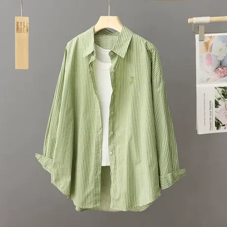 韩版洋气绿色衬衫女春秋薄外套中长款宽松大码条纹衬衣开衫上衣潮图片