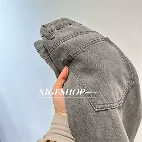 复古做旧水洗磨白烟灰色牛仔裤女早春2024新款宽松显瘦阔腿直筒裤图片