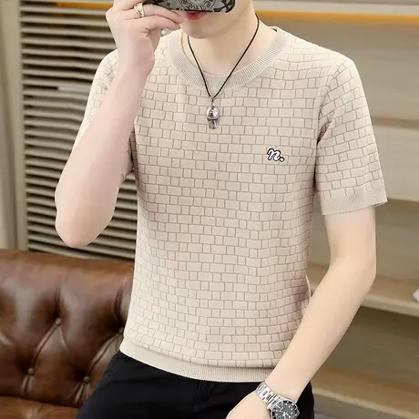 圆领格子短袖毛衣男士春秋季潮牌休闲提花针织t恤高端冬装打底衫商品大图