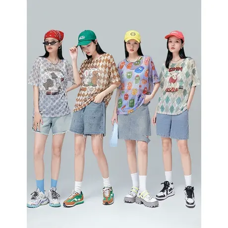 初语新款T恤女夏季卡通趣味色彩图案罩衫叠穿夏日遮阳空调衫商品大图