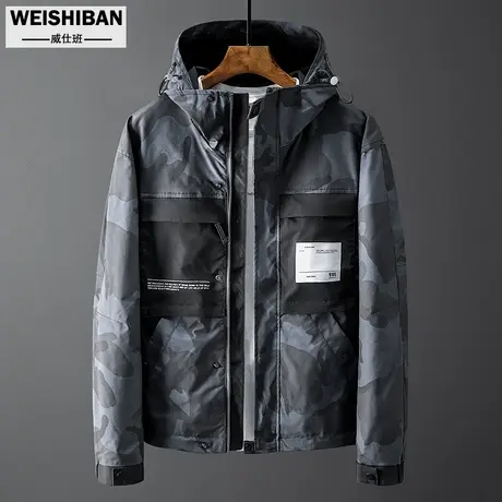 潮流迷彩连帽男士青年夹克秋冬季高街休闲百搭外套男多袋工装上衣商品大图