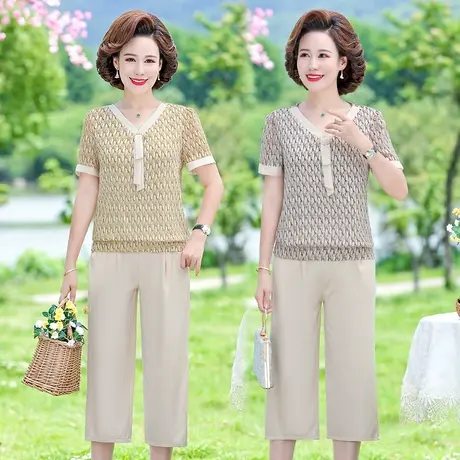 中老年运动套装女夏季新款妈妈休闲领结小衫时尚中年夏天短袖上衣商品大图